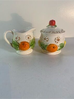 Vintage Fred Roberts Ceramic Fruit & Daisy Creamer Pitcher & Covered Sugar Bowl